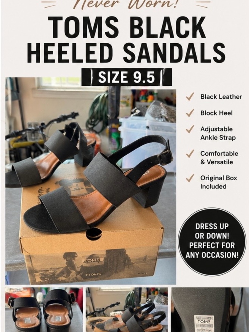 Toms Black Block Heel Sandals with Adjustable Ankle Strap